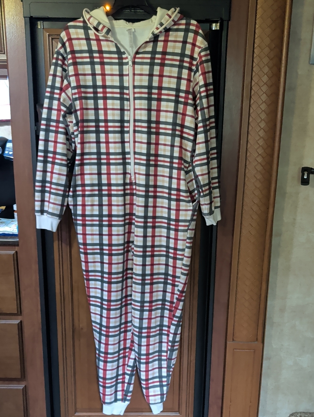 Fabletics Women's Plaid Hooded Zip-Front Cozy Fleece One-Piece